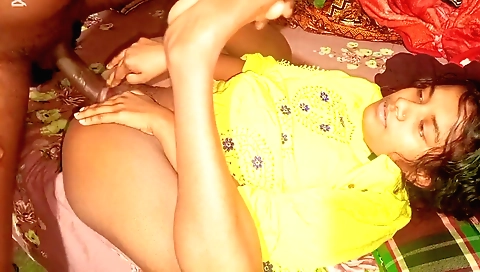 Indian girl with a hairy pussy fucks her hubby on a cold night