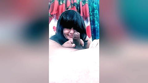 A brunette is sucking cock and a blowjob in her mouth