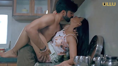 Brunette babe in a white dress and black stockings seduces a guy