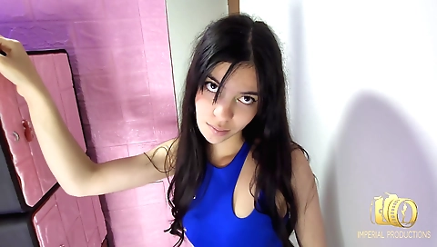 Shaved brunette fucks her boyfriend in the lockers