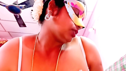 Chubby brunette with big tits gets fucked on a bed