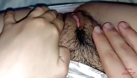 Amateur stepsister plays with her hairy pussy and face on webcam