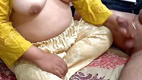 Hot brunette stepson gets his dick fucked in the living room