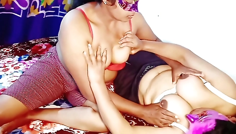 Brunette teen shows big breasts and titties on the bed