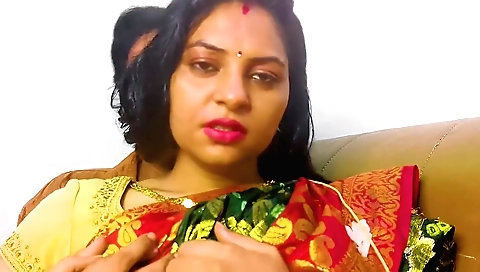 Indian brunette girl enjoys dirty talk with two guys