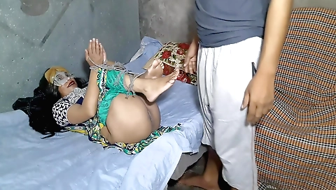 Horny brunette woman has kinky bondage sex session