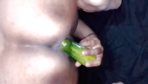 Solo female with a black pussy is licking a cucumber toy
