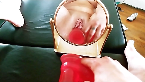 Solo girl uses a dildo and a huge dick on her twat